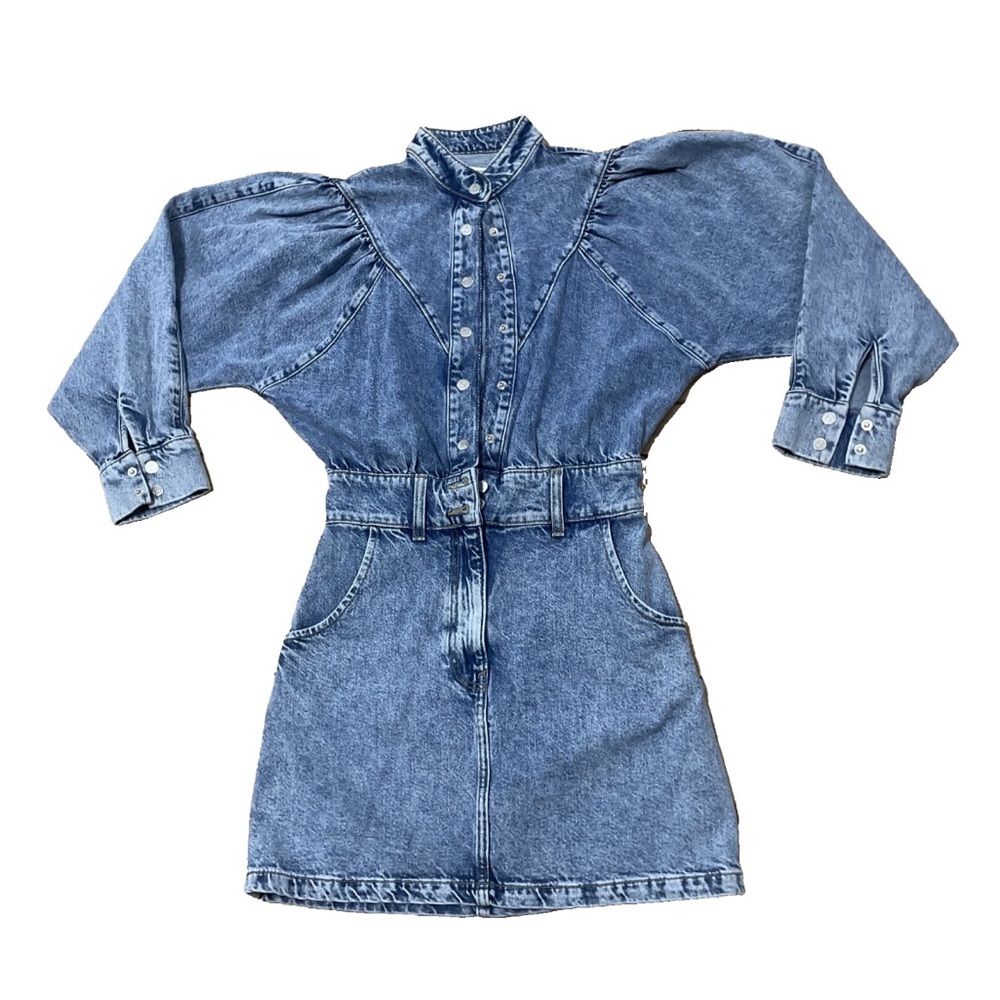 Mango MNG Denim Dress Women 2 Blue Jean Long Puff Sleeve Mini Streetwear